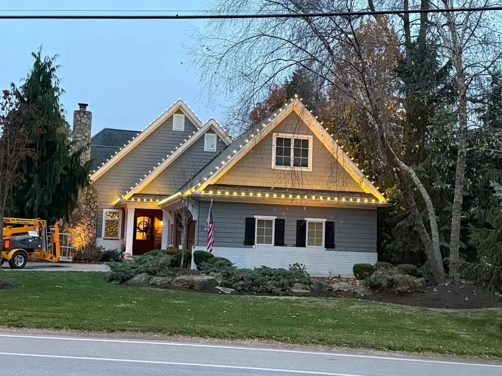 Front gables outlined at dusk in Avon Lake, a Shoreline project