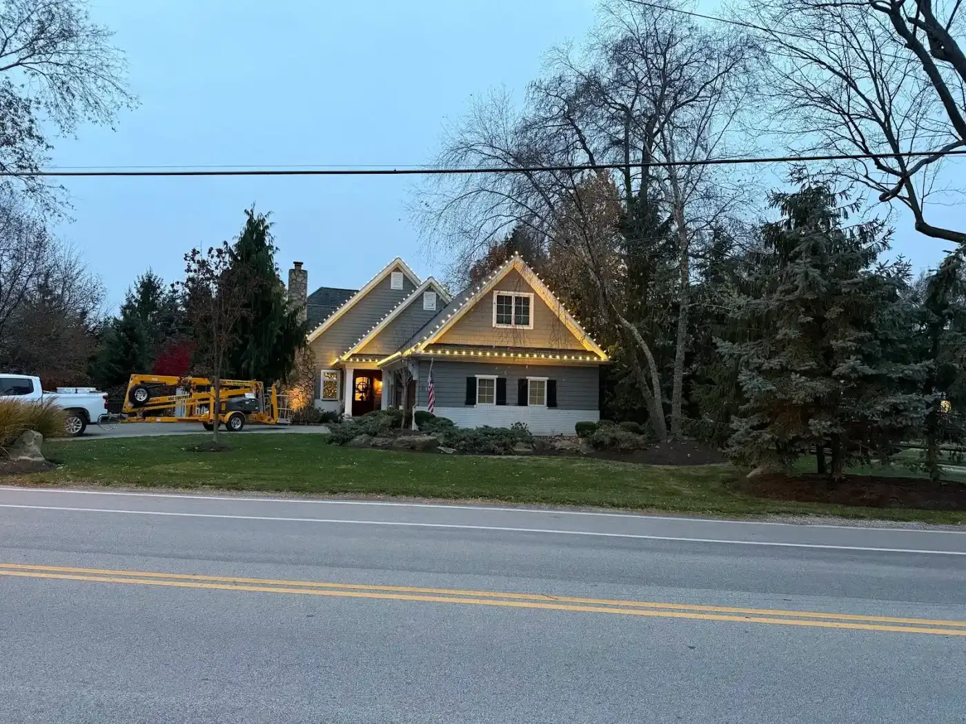 Roofline lighting viewed from across the street in Avon Lake, a Shoreline project