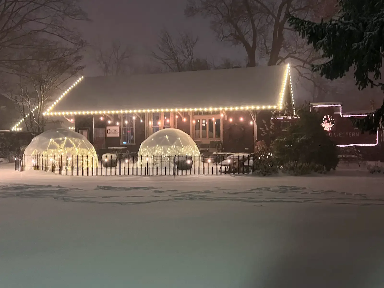 Illuminated patio domes and roofline at Chatty’s Pizza in Bay Village, a Shoreline project