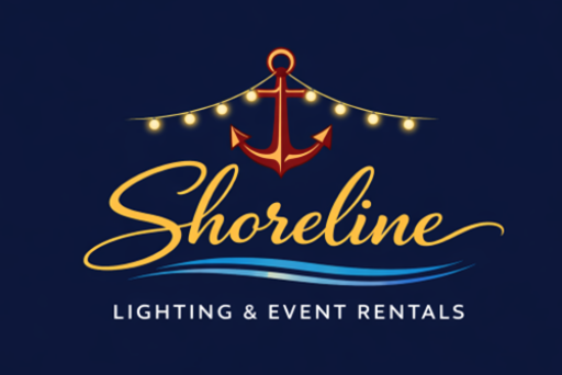LOGO FOR SHORELINE LIGHTING AND EVENT RENTALS IN A NAVY BACKGROUND WITH A RED ANCHOR AND BLUE SWIRLS AND TEXT IN YELLOW AND WHITE