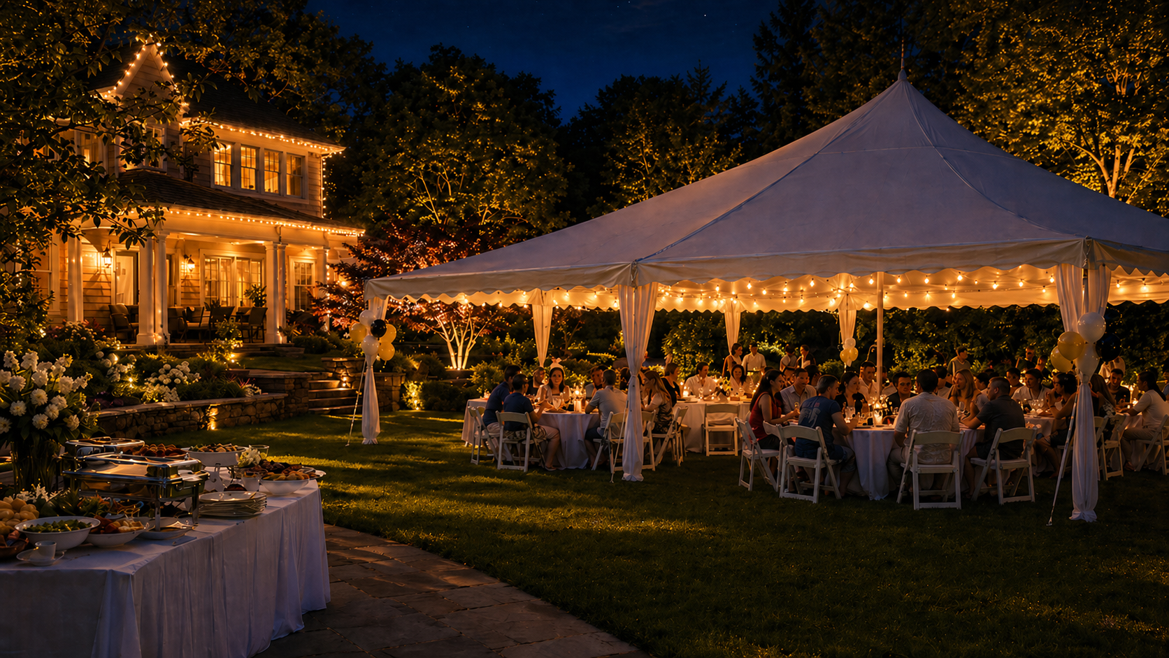 Backyard evening celebration with guests seated under a large white event tent, surrounded by warm string lights, lit trees, a buffet table, and a home outlined with exterior lights setup by Shoreline Lighting and Event rentals.